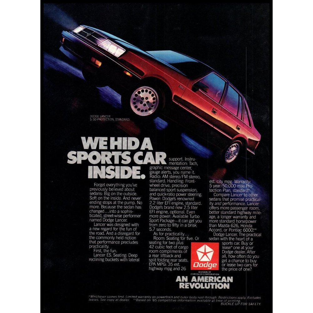 1986 Dodge Lancer Sedan Vintage Print Ad 80s Design Wall Art Photo